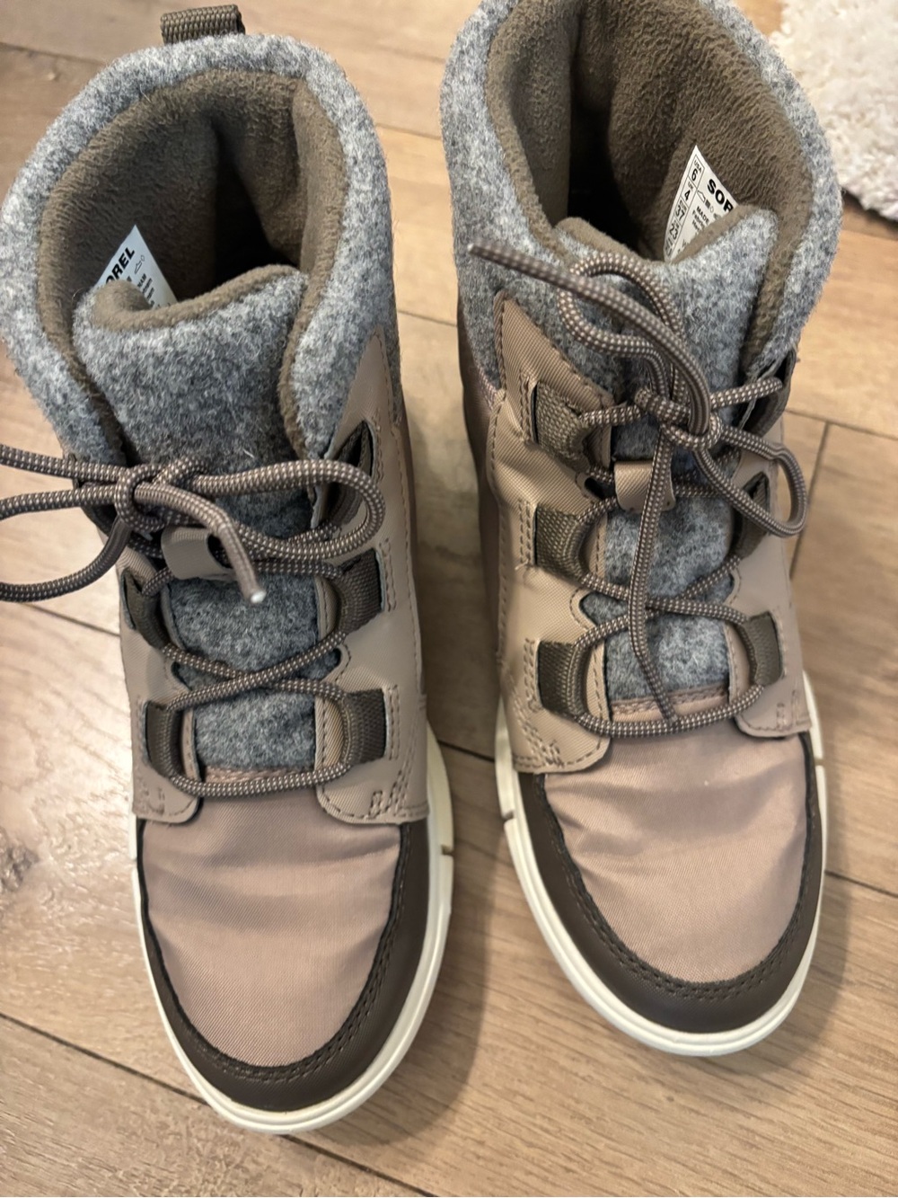 Sorel Women’s Explore Next Carnival Felt WP Taupe and Gray Winter Lace-Up Boots